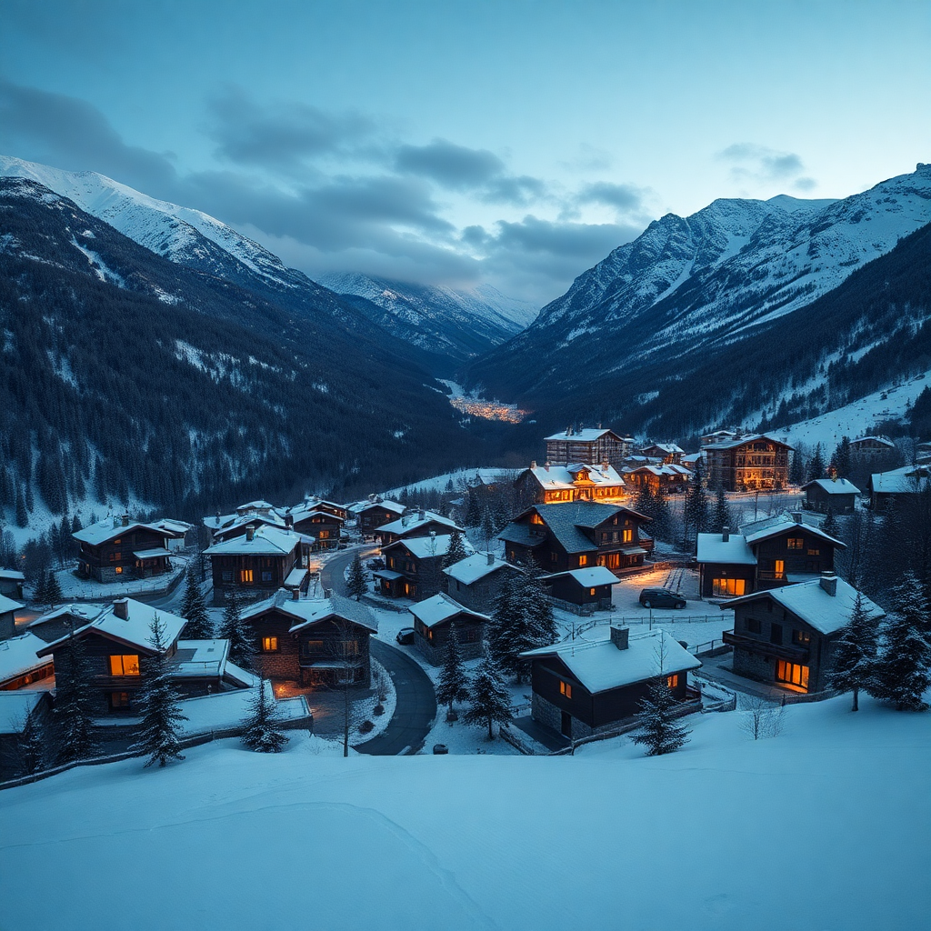 Soldeu village Andorra mountain aerial panoramic view Grandvalira ski domain Pyrenees snow winter cinematic editorial dark luxury photography warm champagne tones alpine private residence
