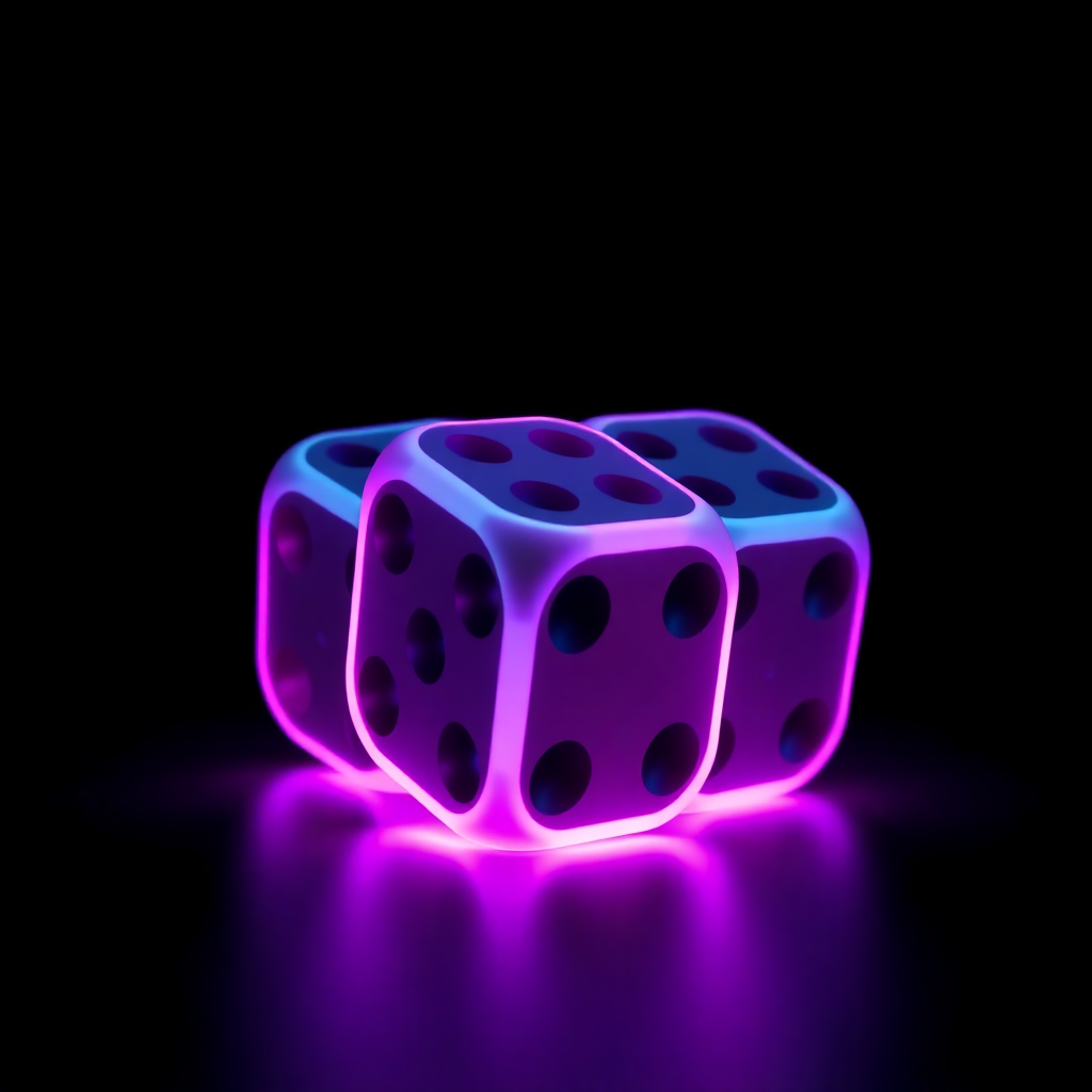 3D dice with glowing neon purple edges on dark background, web3 style