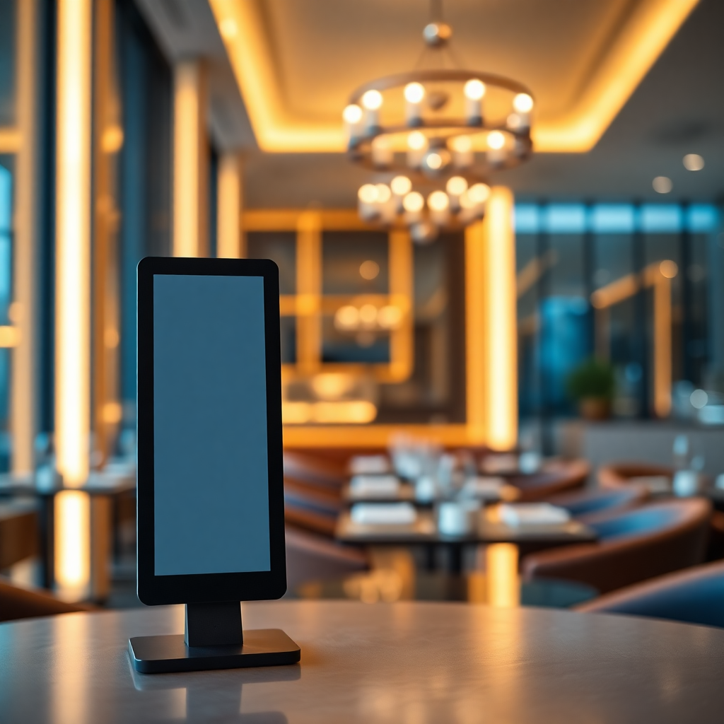 A stylish, modern restaurant interior with ambient lighting, blurred background, focus on an empty table with a QR code stand, sophisticated atmosphere