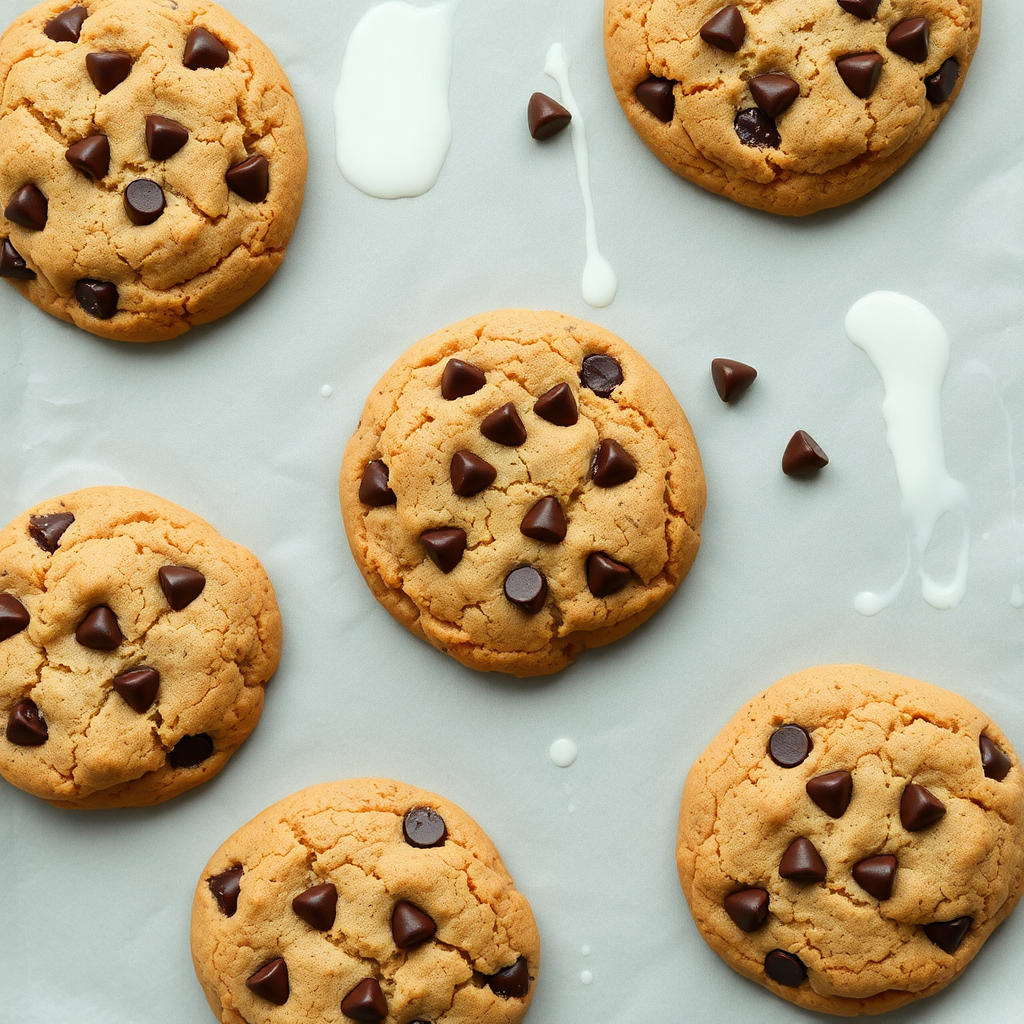 aesthetic top-down view of freshly baked chocolate chip cookies on parchment paper with milk splashes