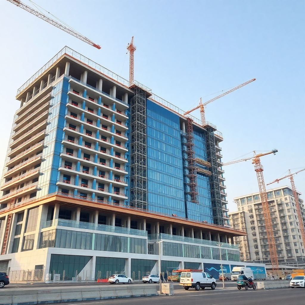 large-scale commercial building under construction, modern architecture, construction workers and cranes, Saudi Arabia