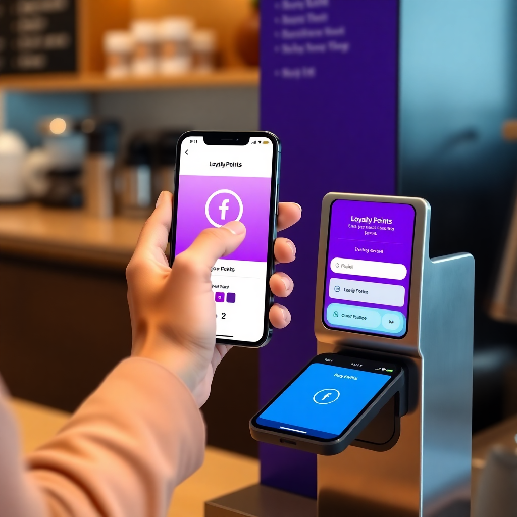 customer tapping smartphone on NFC tag at coffee counter, loyalty points appearing on screen, modern rewards interface, purple and blue color scheme
