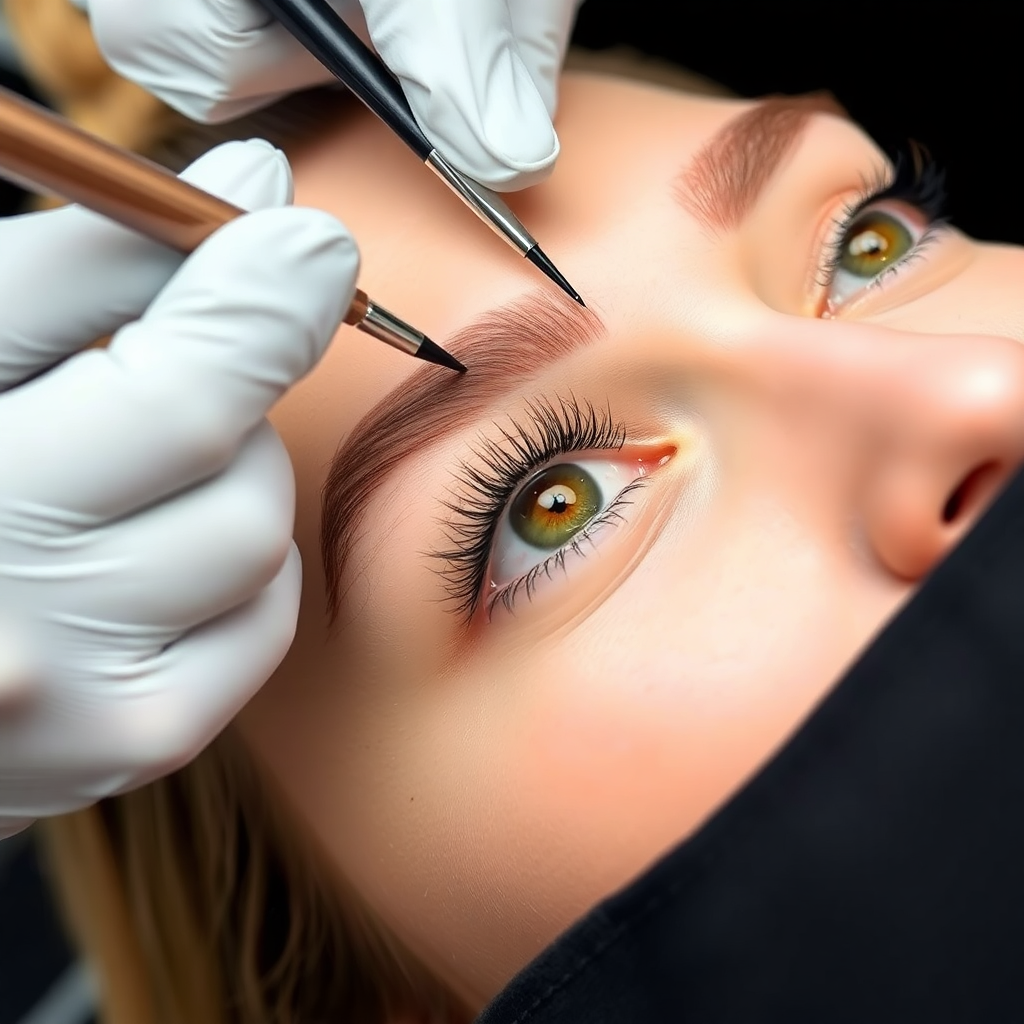 eyebrow and eyelash styling treatment, professional beauty salon, detailed close-up