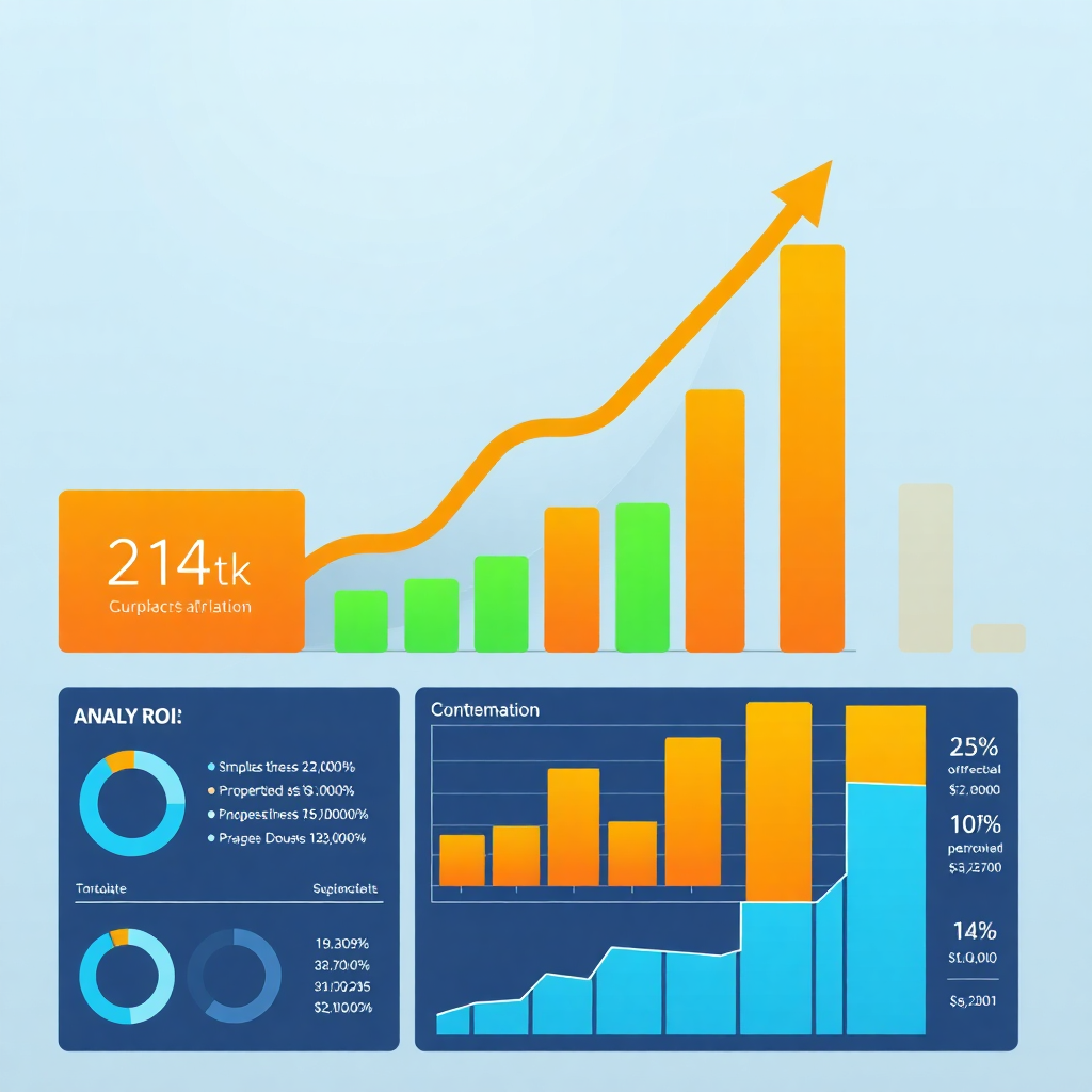 business growth chart visualization, ROI metrics dashboard, performance analytics, corporate success metrics