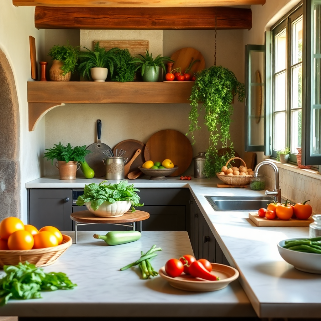 Italian villa kitchen with fresh organic vegetables, natural lighting, rustic elegance