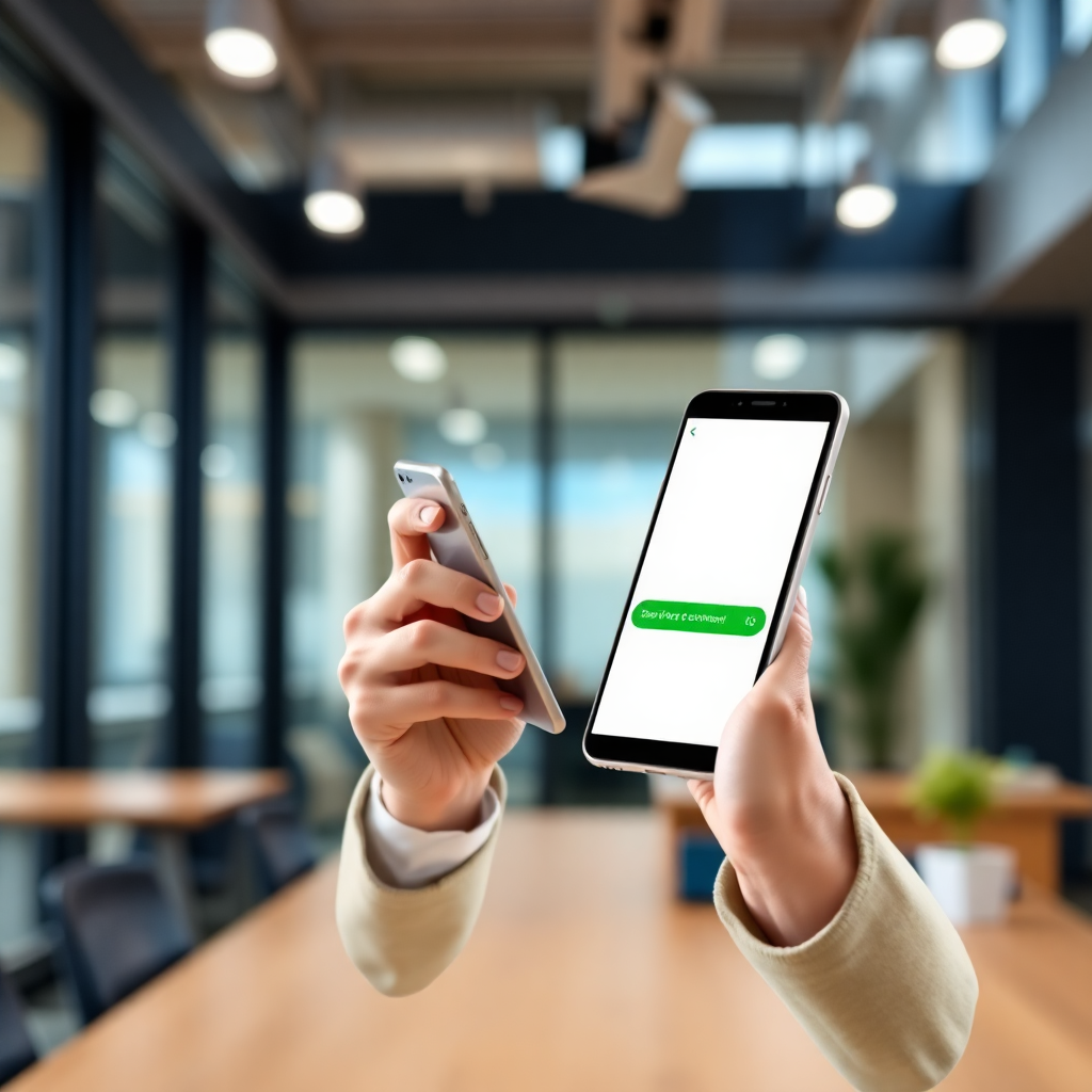 business person sending message on smartphone, professional communication, modern office setting