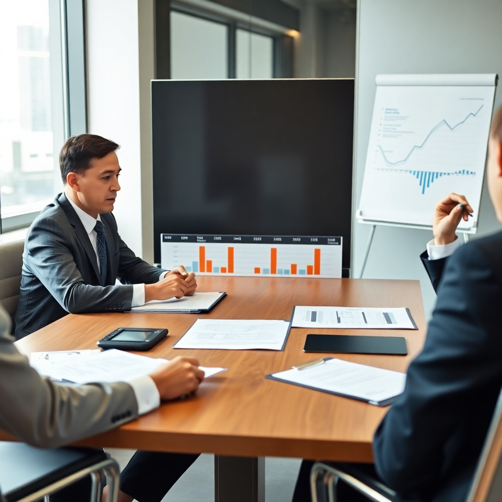 business meeting with documents and calculator, project timeline chart, professional office setting