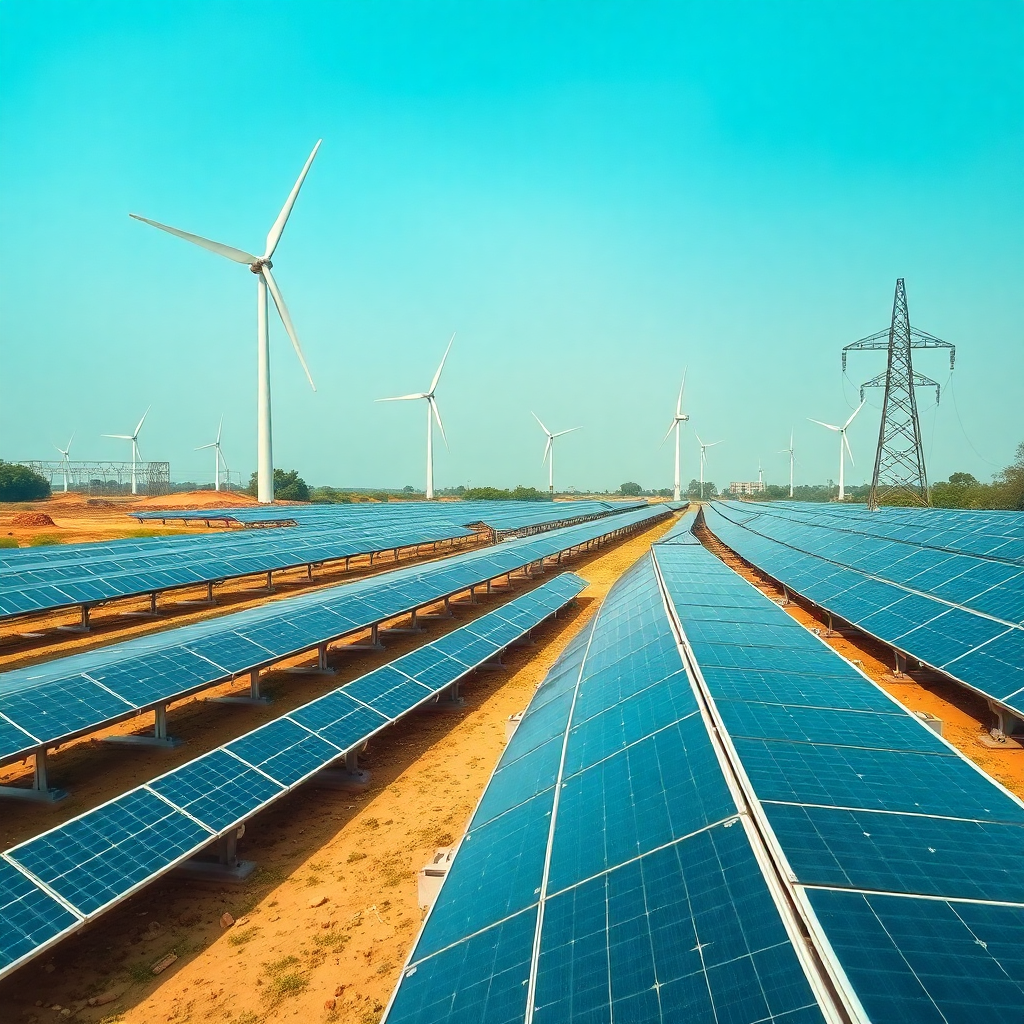 modern solar power plant with wind turbines and electrical transmission infrastructure, renewable energy facility in India, clean industrial photography