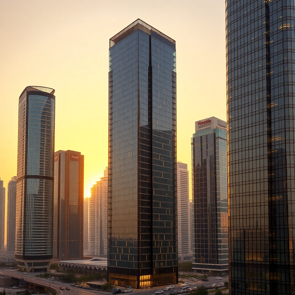 modern high-end commercial office towers in Dubai DIFC district during golden hour, cinematic lighting, corporate premium atmosphere