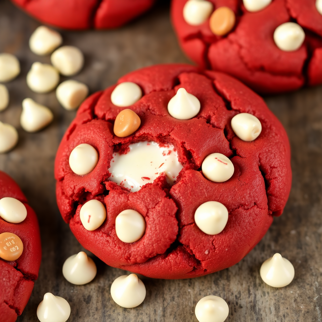 red velvet cookie with white chocolate chips and cream cheese filling
