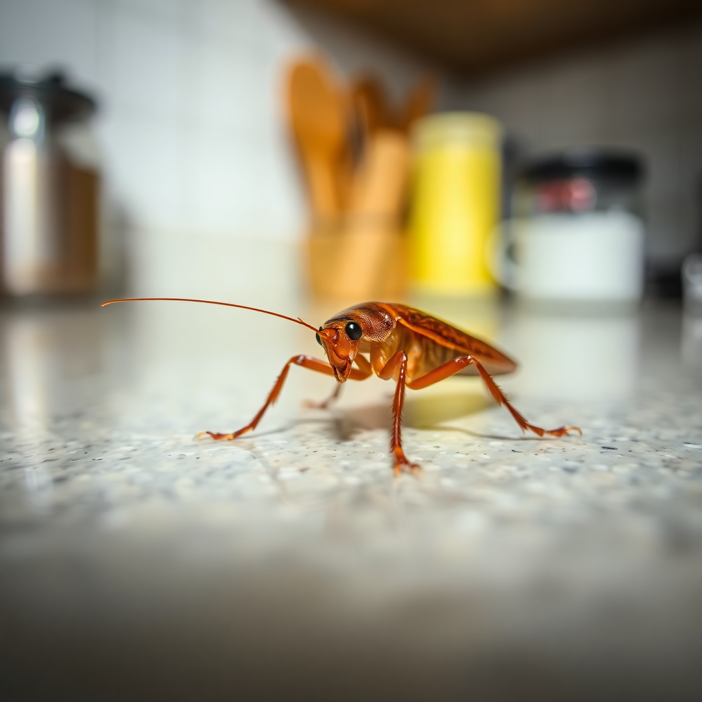 close-up macro photography of a brown cockroach on kitchen counter, realistic detailed photography, shallow depth of field