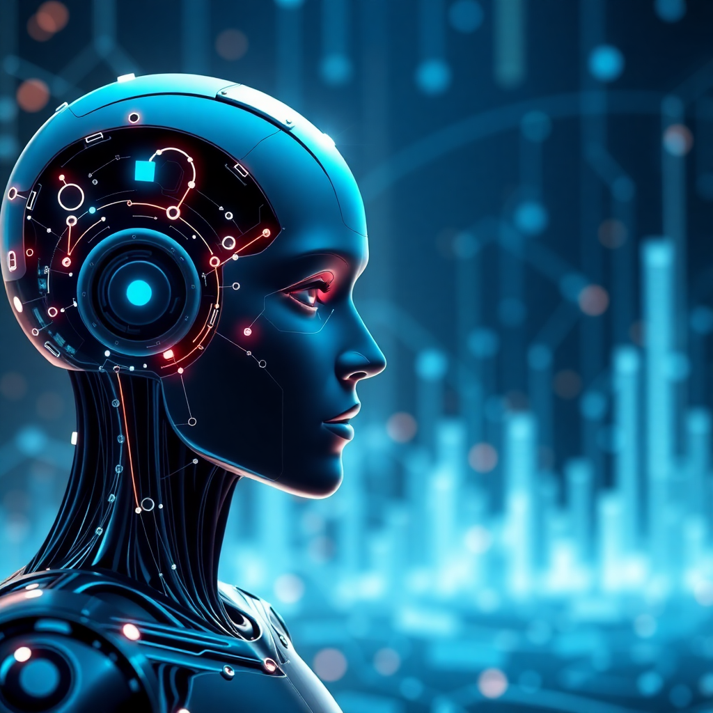AI technology trends 2024, futuristic neural networks, data visualization