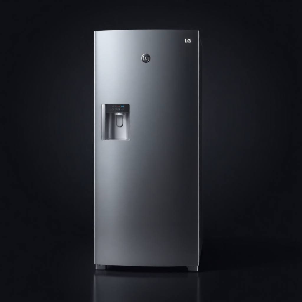 modern LG refrigerator 500L silver color on dark background, product photography