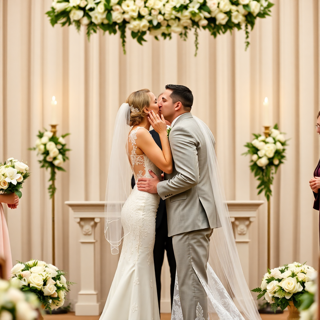 wedding couple first kiss ceremony altar beautiful moment