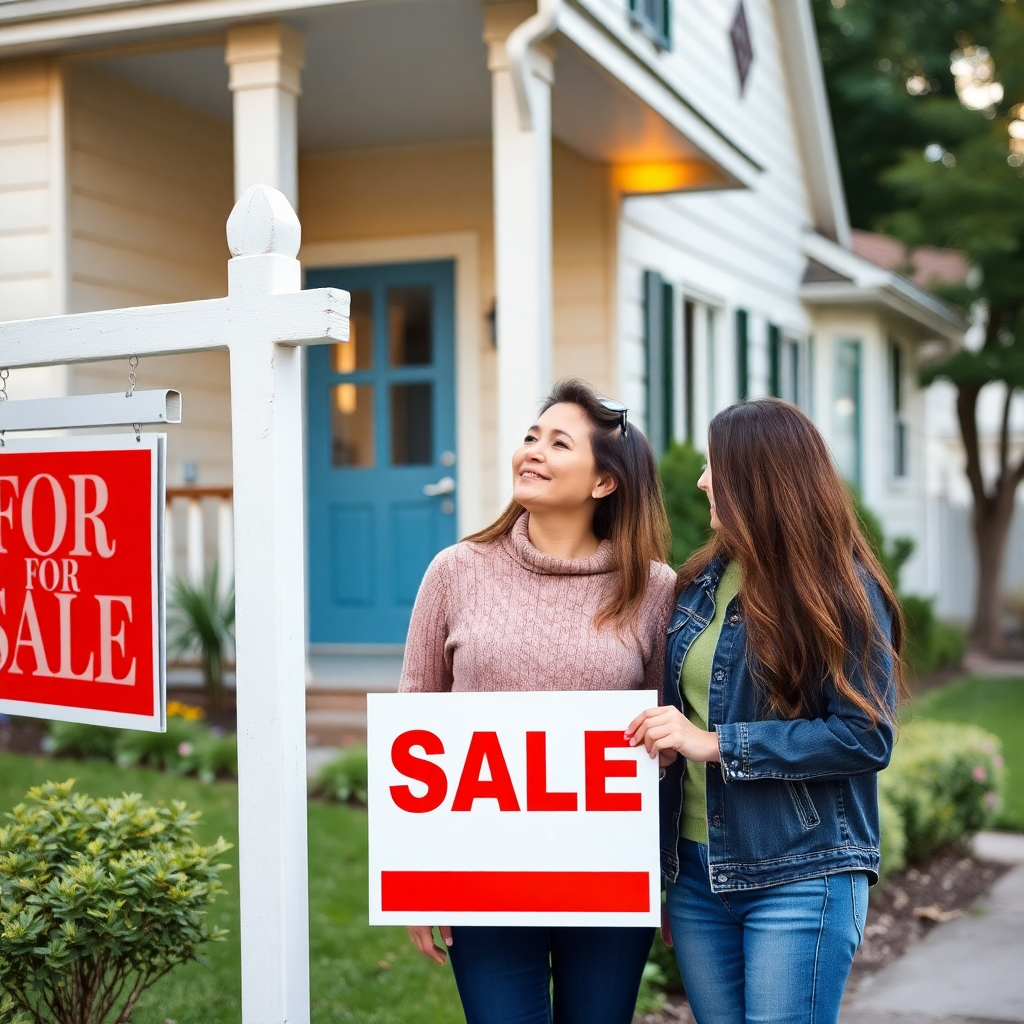 young couple looking at house with for sale sign