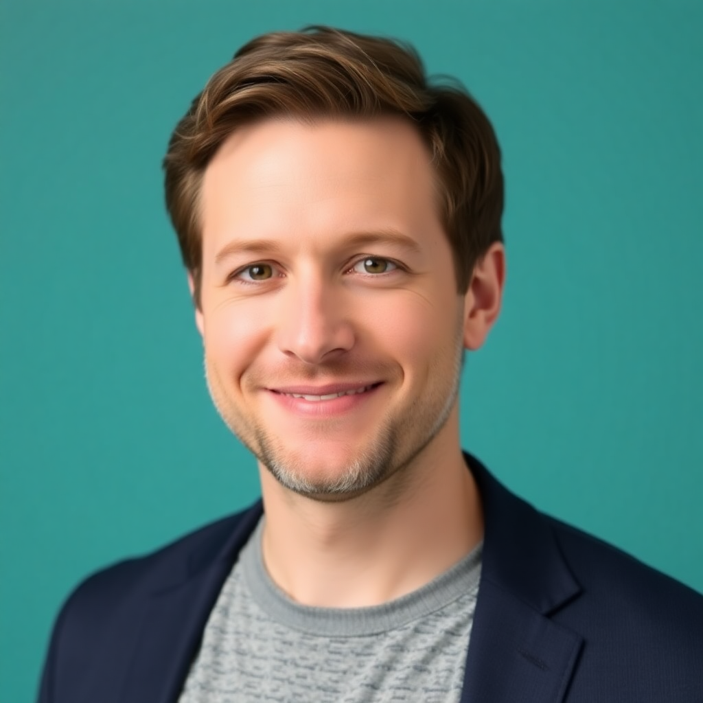 Headshot of Kevin Rose, a man with short brown hair and a light beard against a teal studio background.