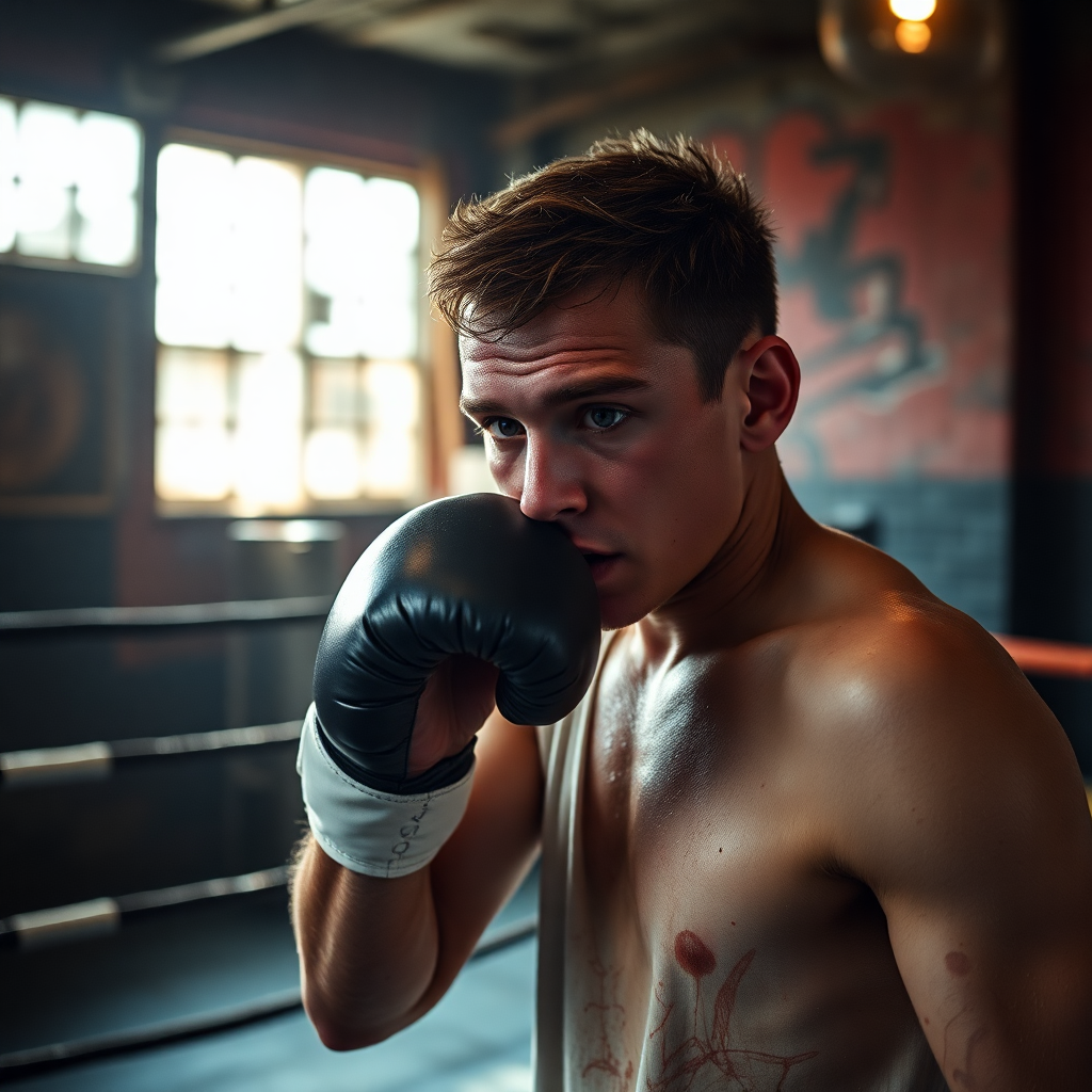 Cinematic shot of a young boxer training in a gritty gym in Ukraine, dramatic lighting, sweat, determination, documentary style