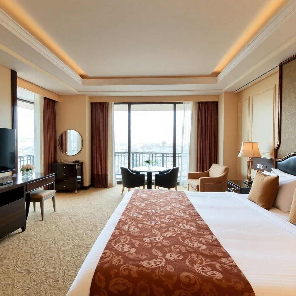 Interior of a deluxe double room in a luxury hotel, featuring elegant decor, a large comfortable bed, and a balcony view. Warm and inviting.