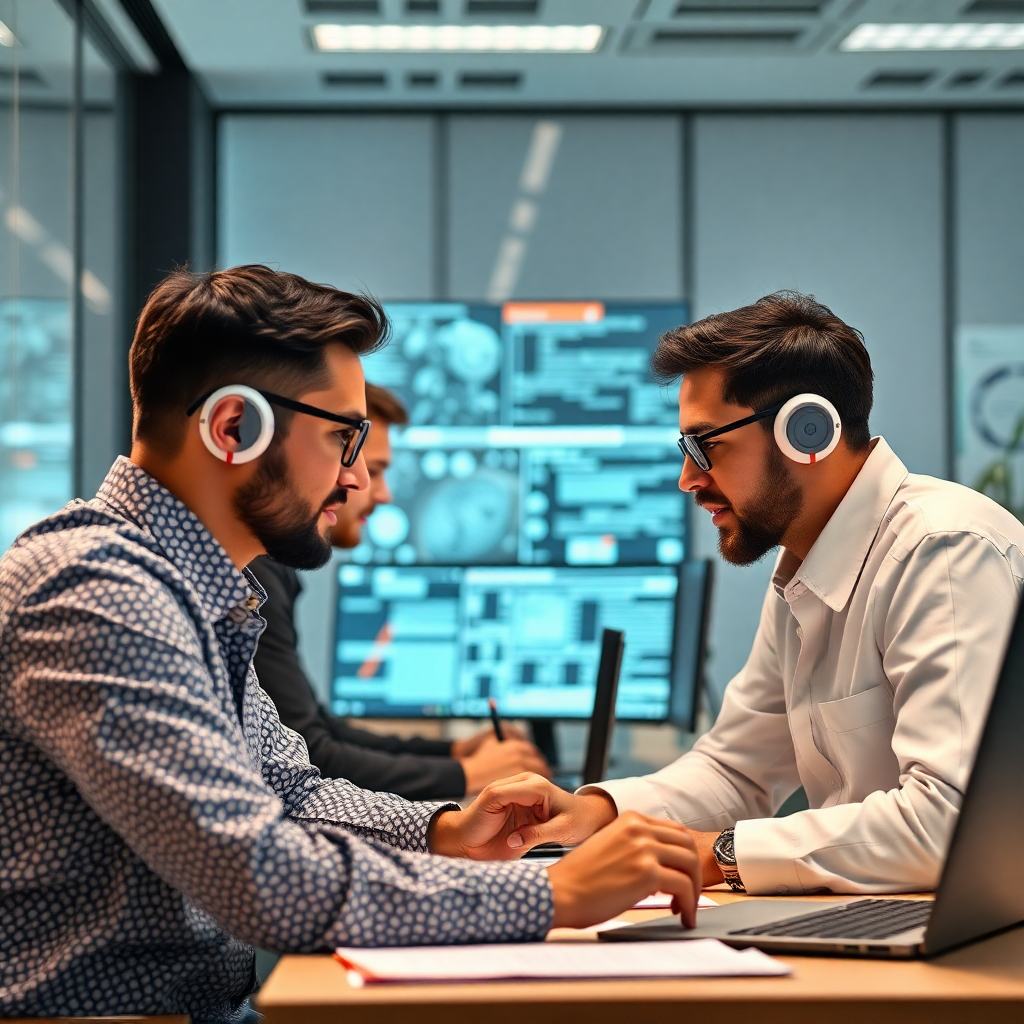 AI development team, data scientists working, machine learning engineers, modern office with AI technology