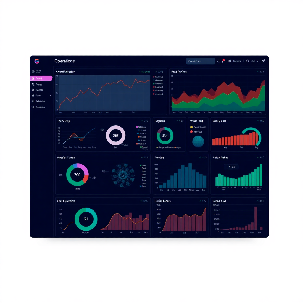 AI operations dashboard with anomaly detection graphs, predictive analytics charts, cost optimization metrics, dark modern interface, futuristic tech visualization