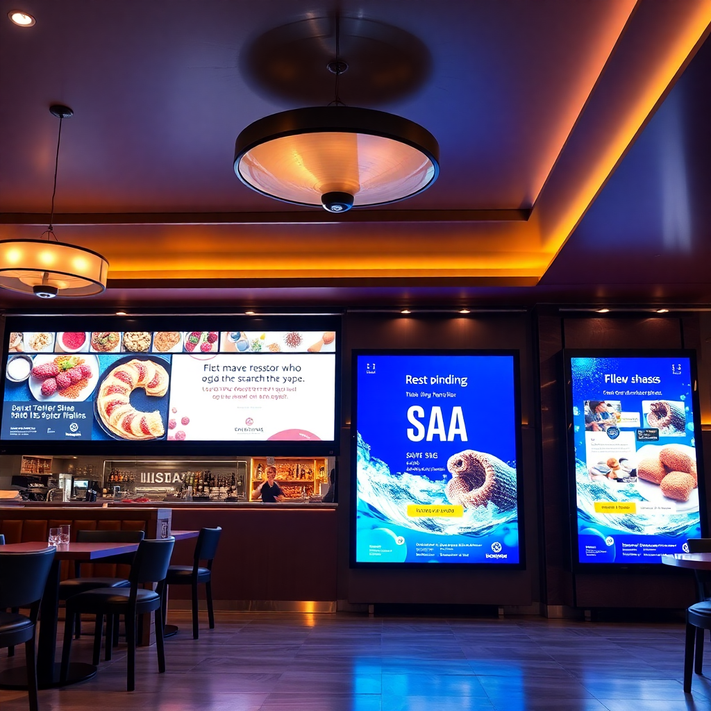 digital advertising displays in restaurant and spa, vibrant promotional content, modern screens