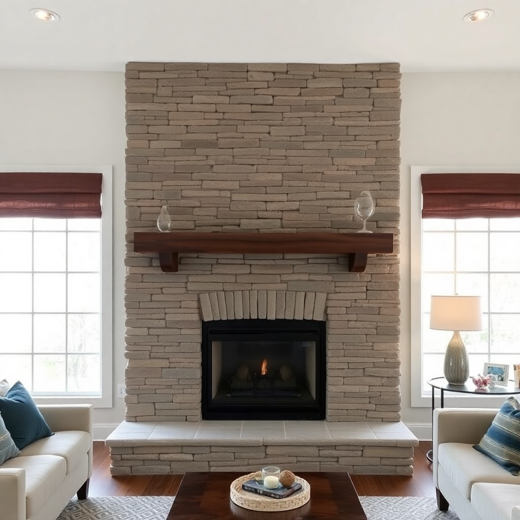 stone veneer fireplace installation with natural stacked stone in living room