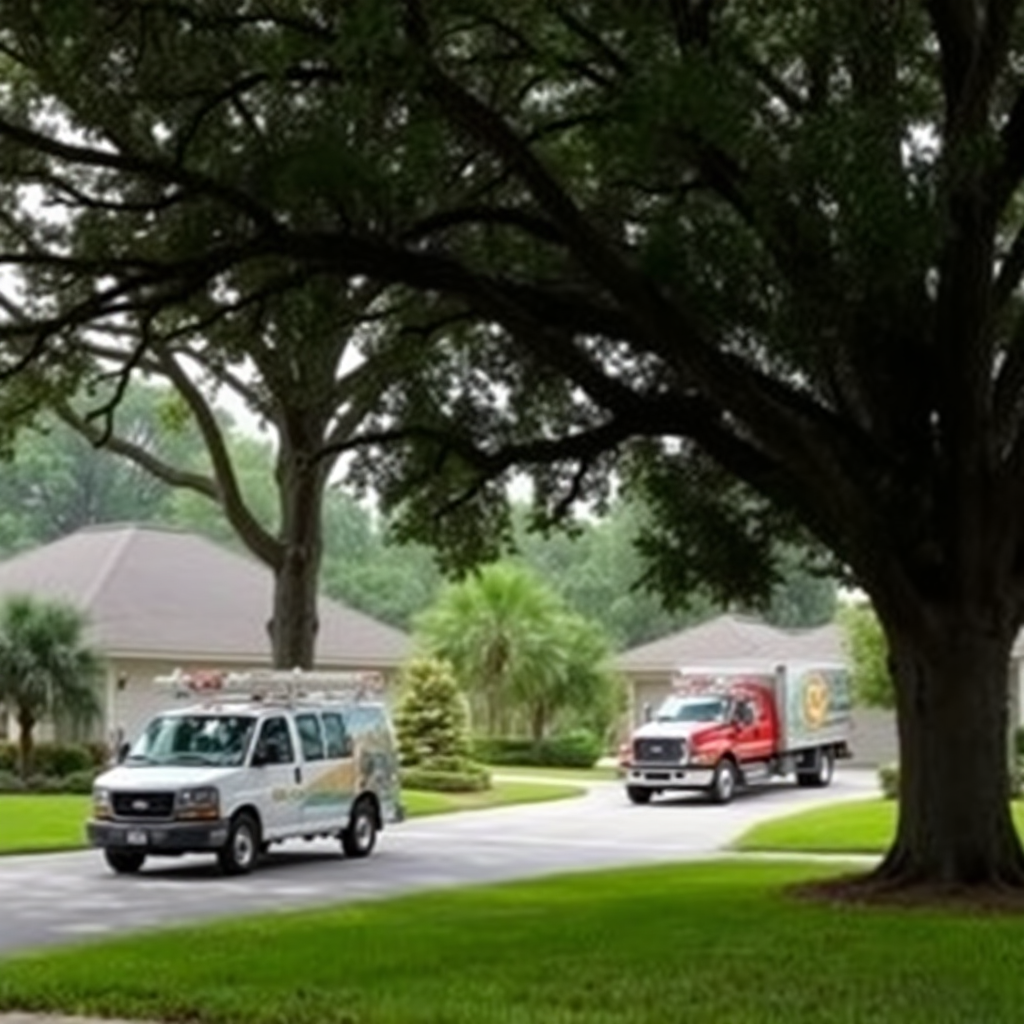 a high quality landscape photo of a residential area in Tampa FL with large trees and a service truck in the driveway, professional photography style
