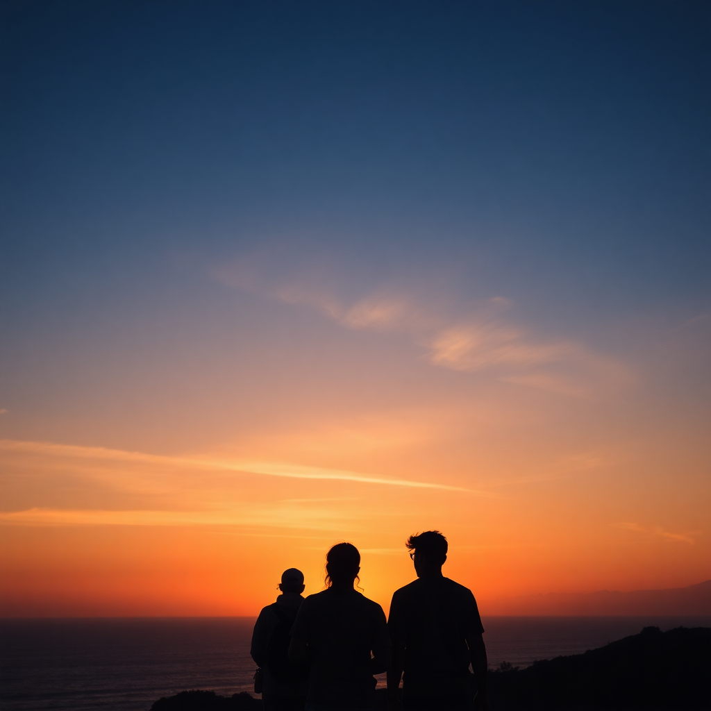 Inspiring sunset over the ocean with travelers watching the horizon.
