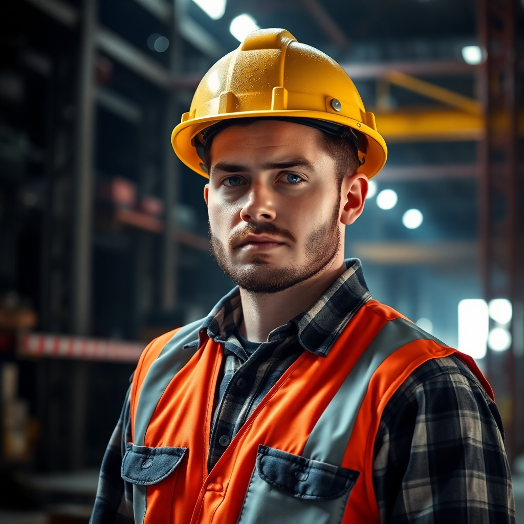 professional construction worker at industrial worksite, dramatic lighting, sharp professional photography, gritty realistic