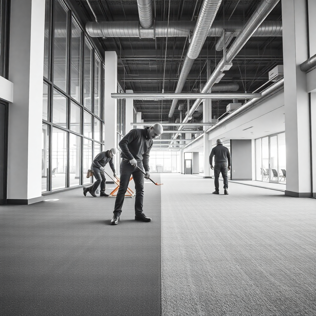 professional carpet installer laying plush carpet in modern interior, black and white photography, detailed texture, industrial aesthetic