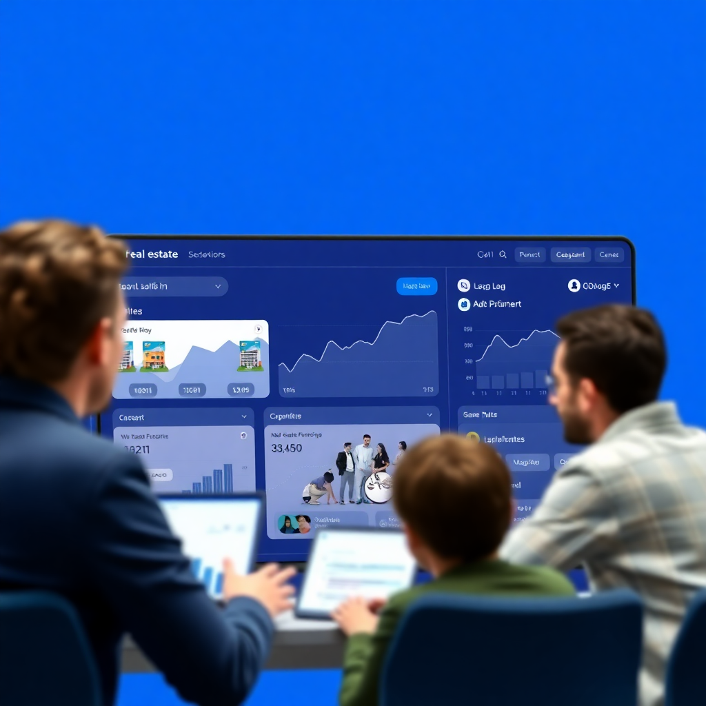 modern real estate platform dashboard, collaborative workspace interface, blue color scheme, professional UI design, multiple users working together