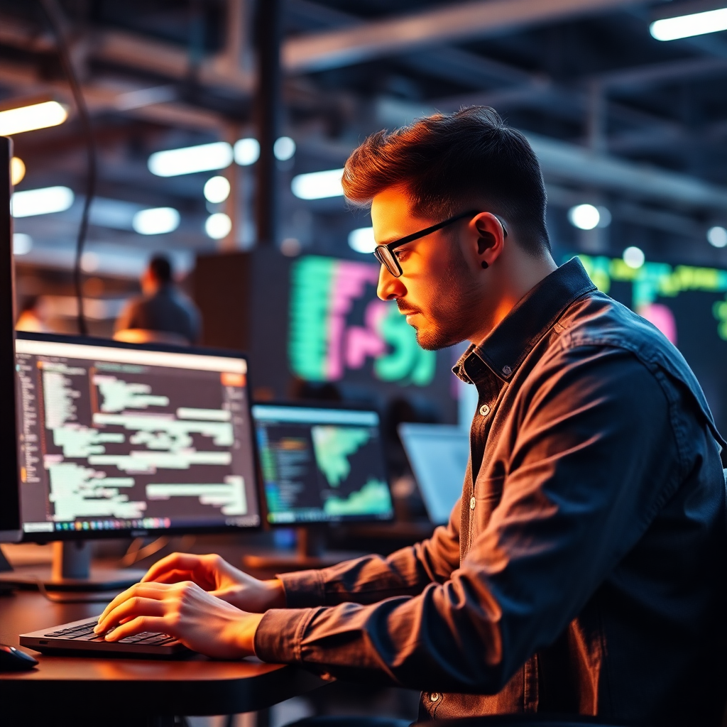 software engineer working on artificial intelligence projects, professional photography, modern tech environment