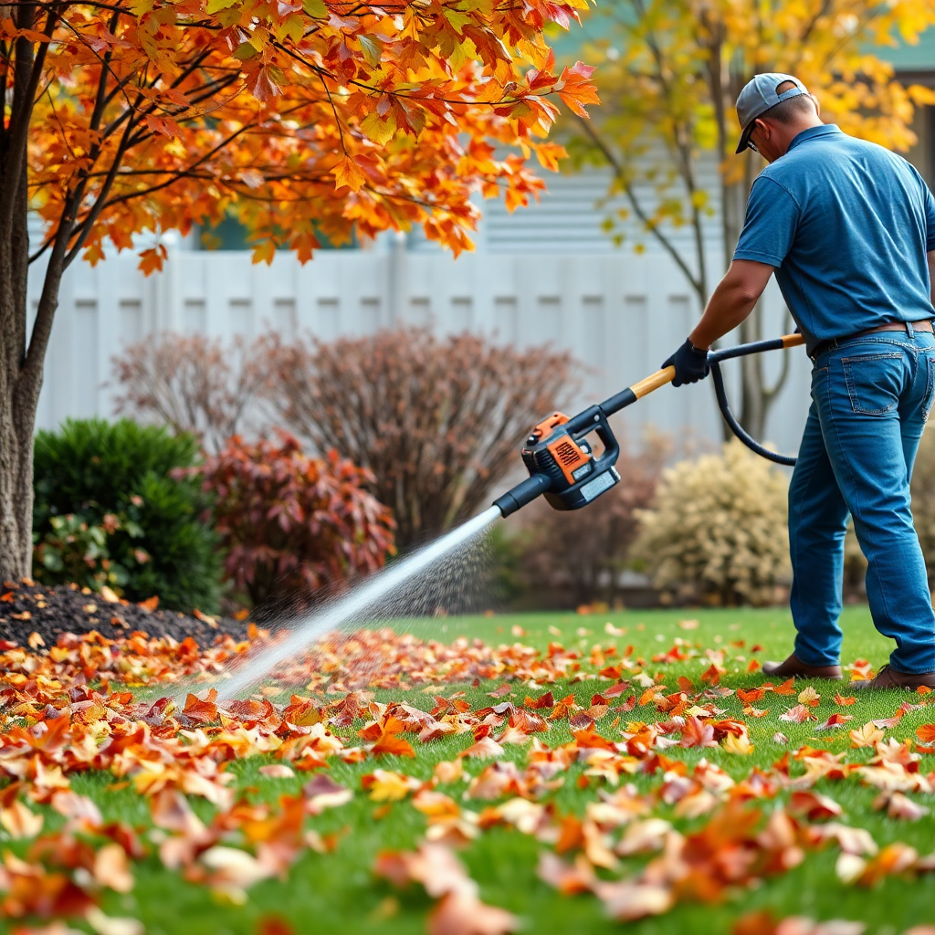 fall leaf cleanup service, landscaper with leaf blower cleaning yard