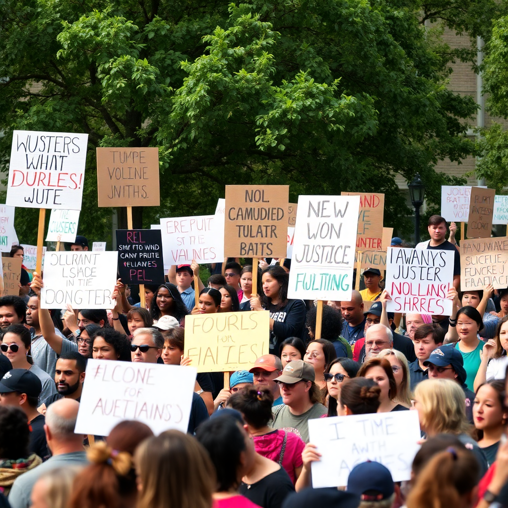 community rally with diverse crowd holding signs, peaceful demonstration, people gathering for justice