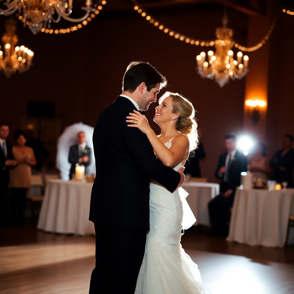 wedding first dance couple romantic ballroom lights