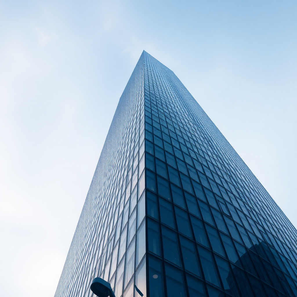 Looking up at modern glass skyscrapers against a clear sky, architectural photography, cool tones