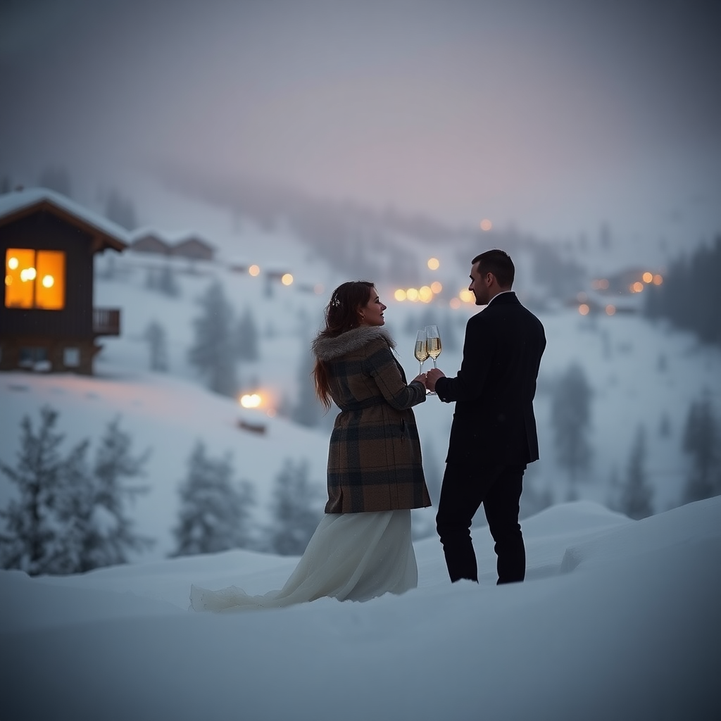 luxury alpine couple winter mountain retreat romantic boutique hotel Andorra Pyrenees snow evening warm light intimate private escape editorial photography dark cinematic champagne gold tones