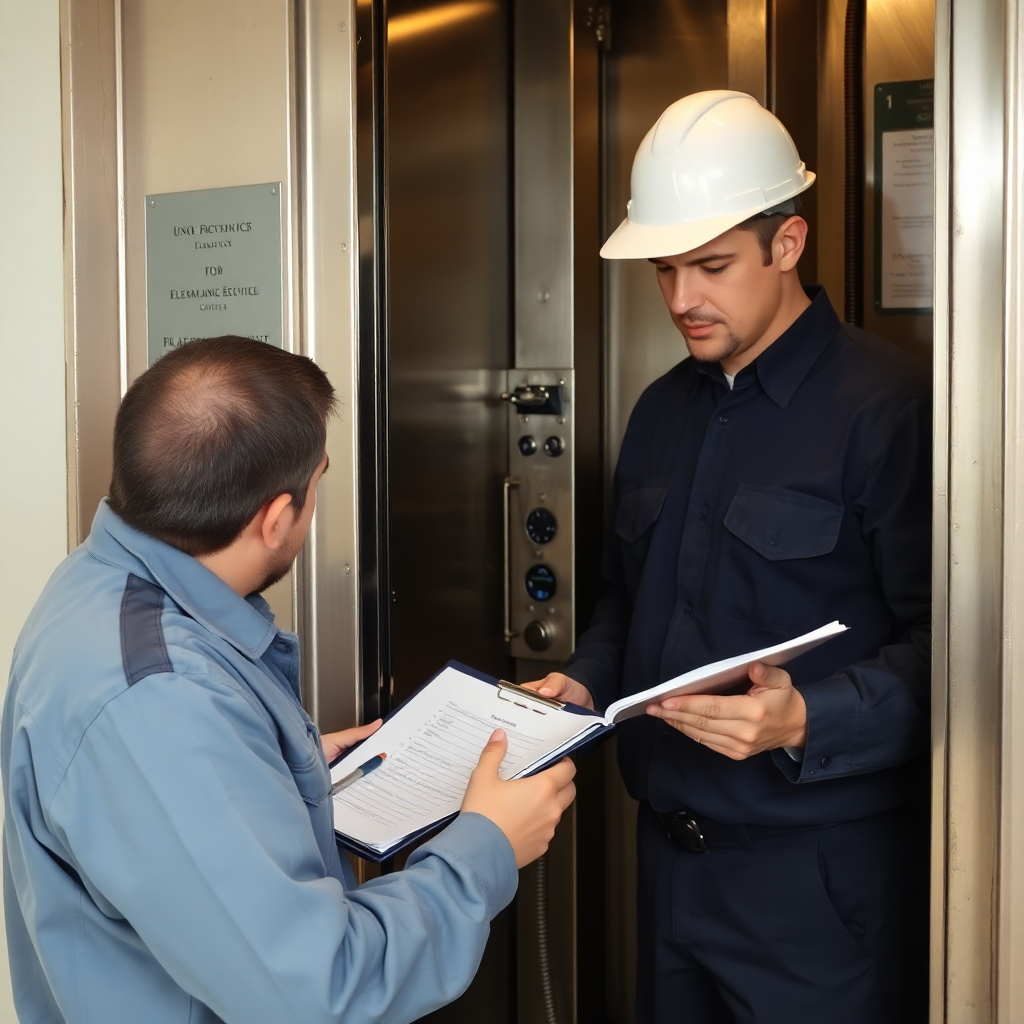 technician inspecting old elevator machinery with checklist and tools, professional evaluation scene