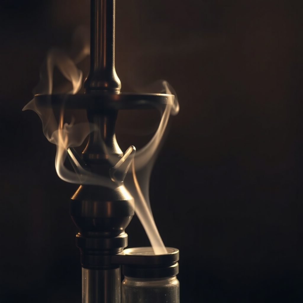 Shisha pipe detail, smoke coming out, artistic angle, warm ambient light