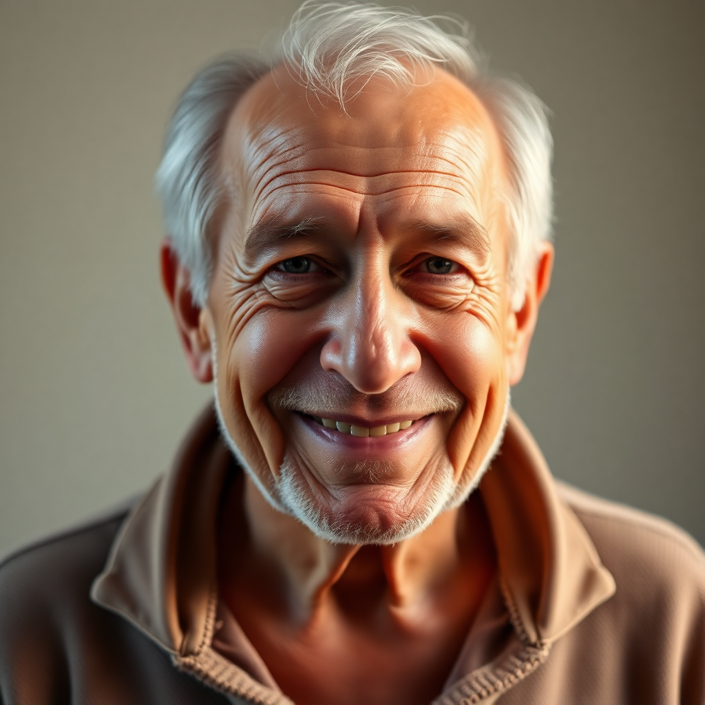 elderly man smiling at camera, warm portrait, gentle expression, soft lighting