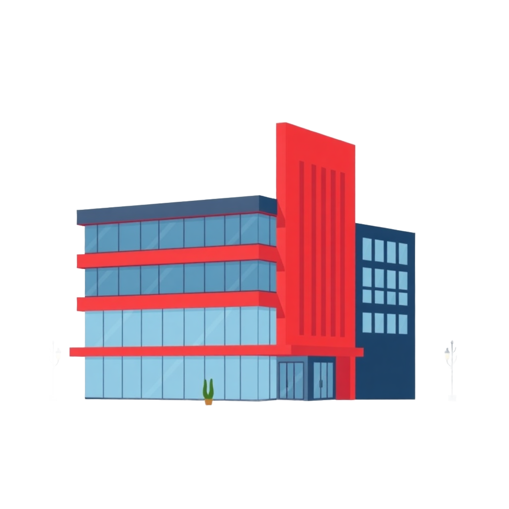 Modern commercial building illustration, flat vector style, red and dark blue accents, without background