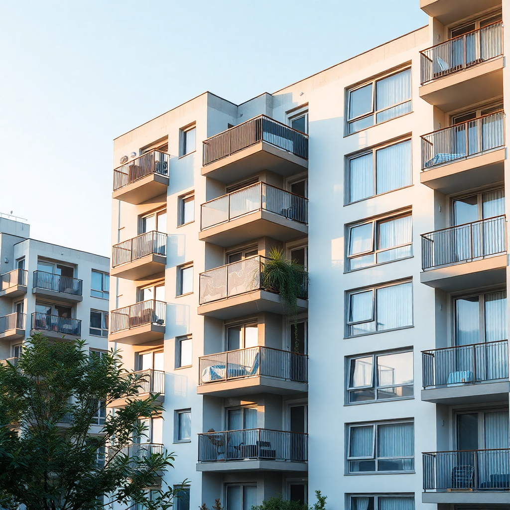 Modern apartment complex residential building with balconies during daytime