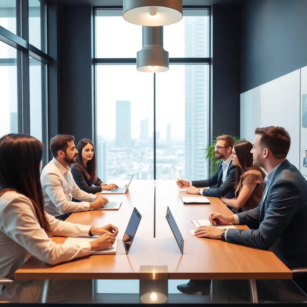 professional team meeting in modern dubai office, diverse business people