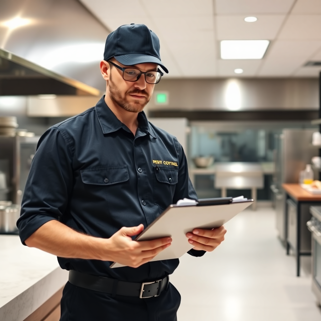 professional pest control technician inspecting commercial kitchen with clipboard, wearing uniform, modern restaurant interior, professional photography
