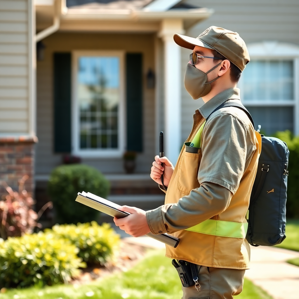 professional pest control technician in uniform inspecting residential home exterior with clipboard and equipment, detailed professional photography, bright daylight