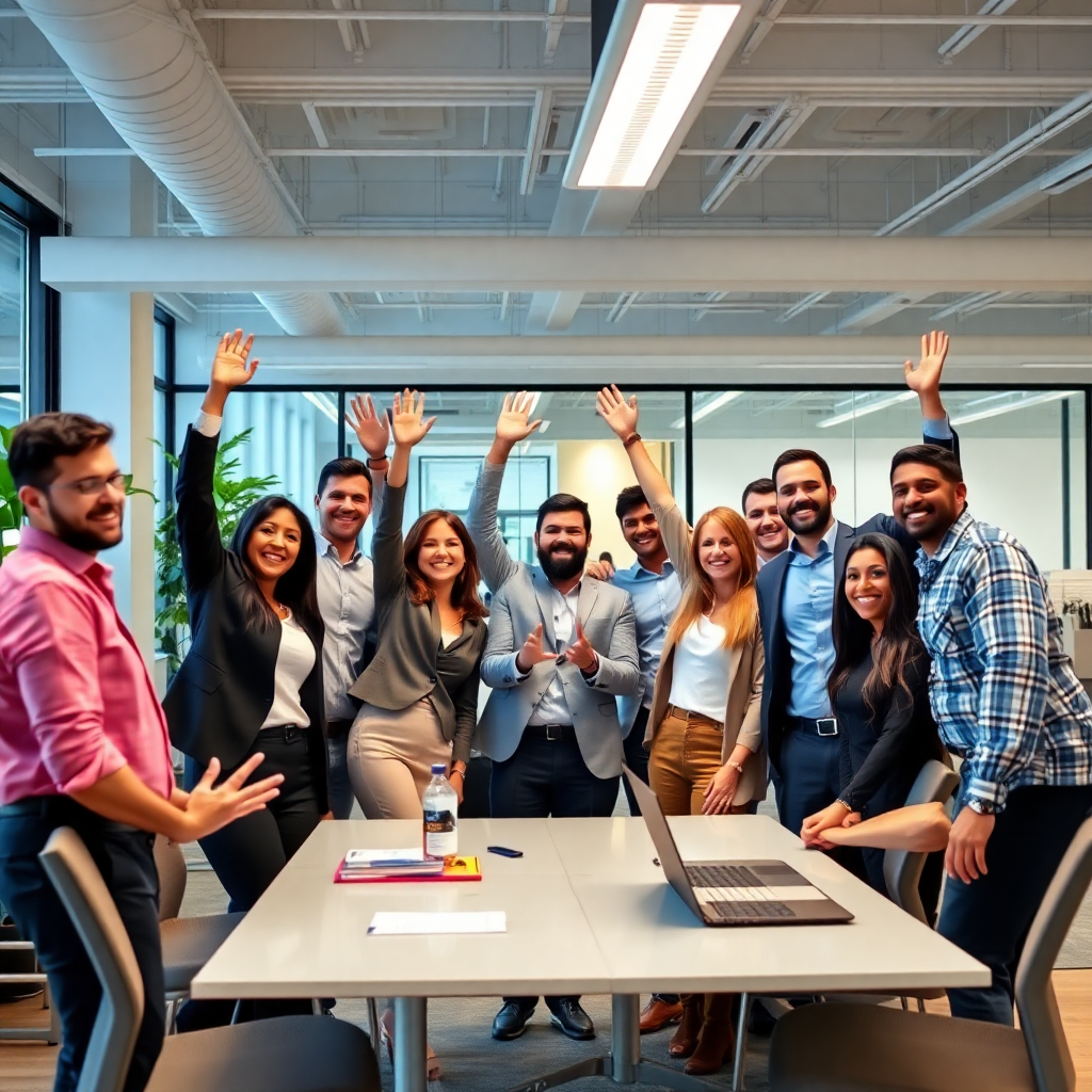 diverse team of professionals in modern office celebrating success, collaborative workspace, positive work culture