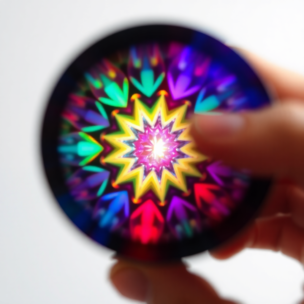 Macro view of a handcrafted kaleidoscope with shifting light prisms, clean background, artisan hands optional, vibrant colors