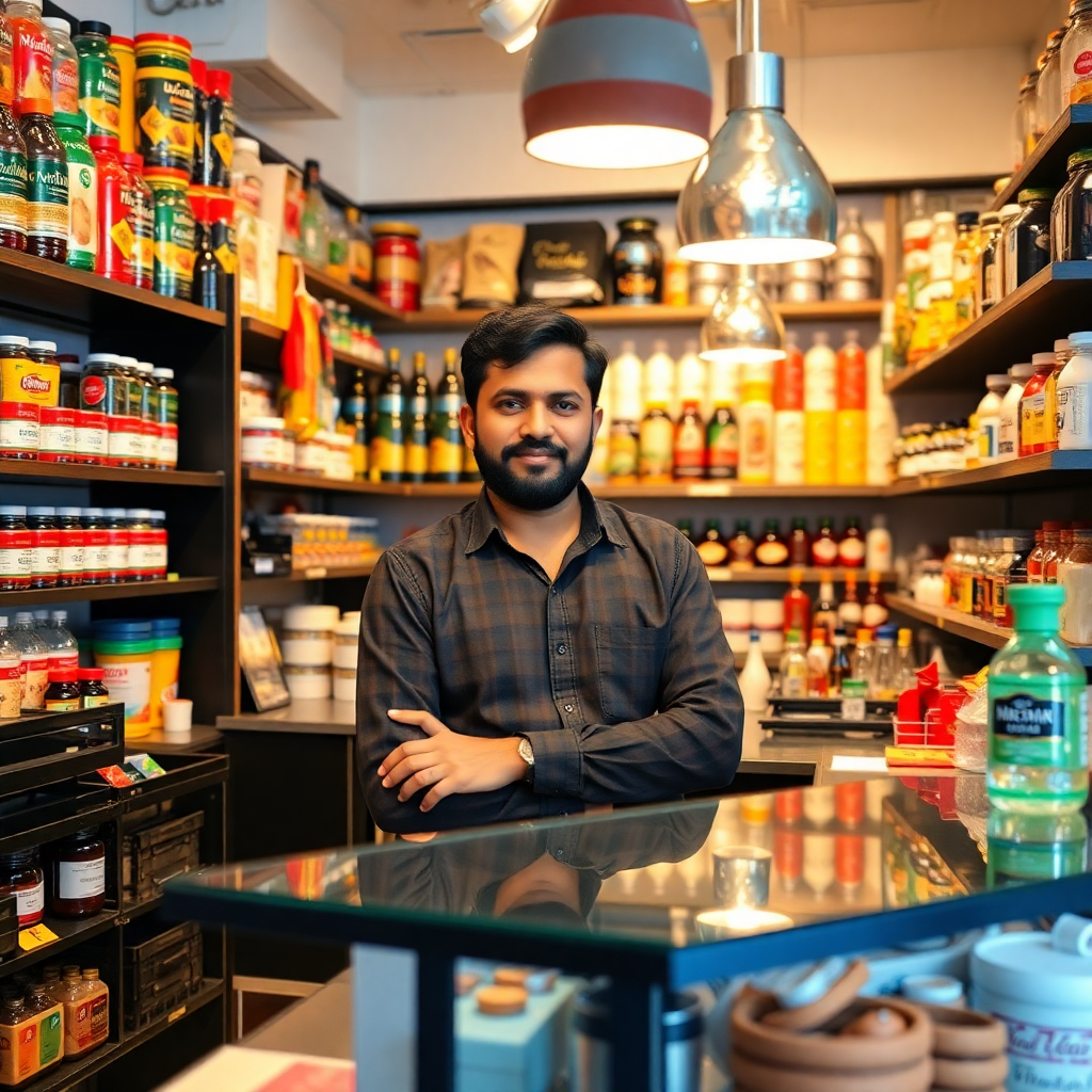 Indian MSME small business owner at retail counter