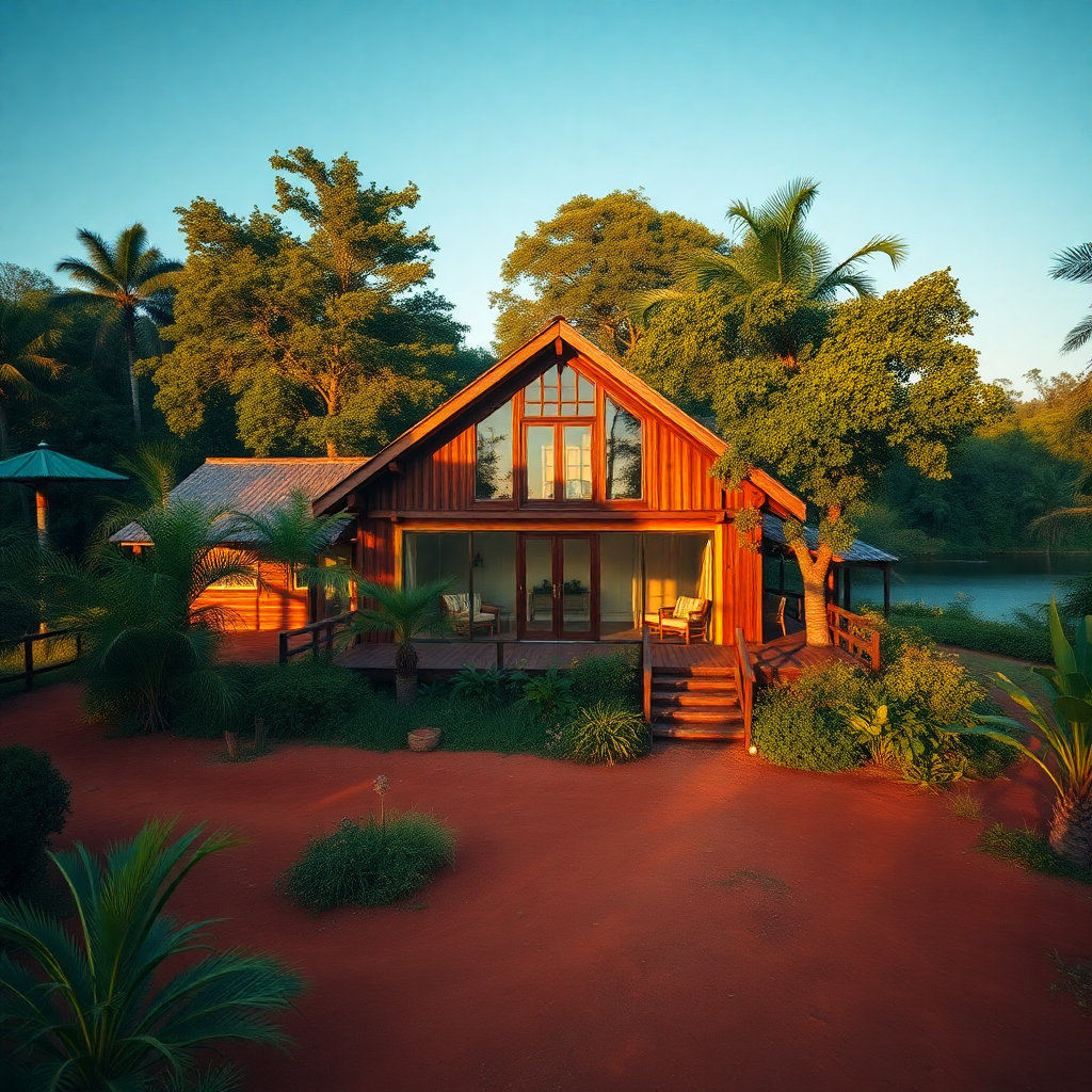 Paraguayan countryside eco lodge main chalet building, rustic wood architecture, surrounded by lush tropical green forest and lake, warm lighting at golden hour, red earth paths, tropical vegetation, peaceful rural landscape