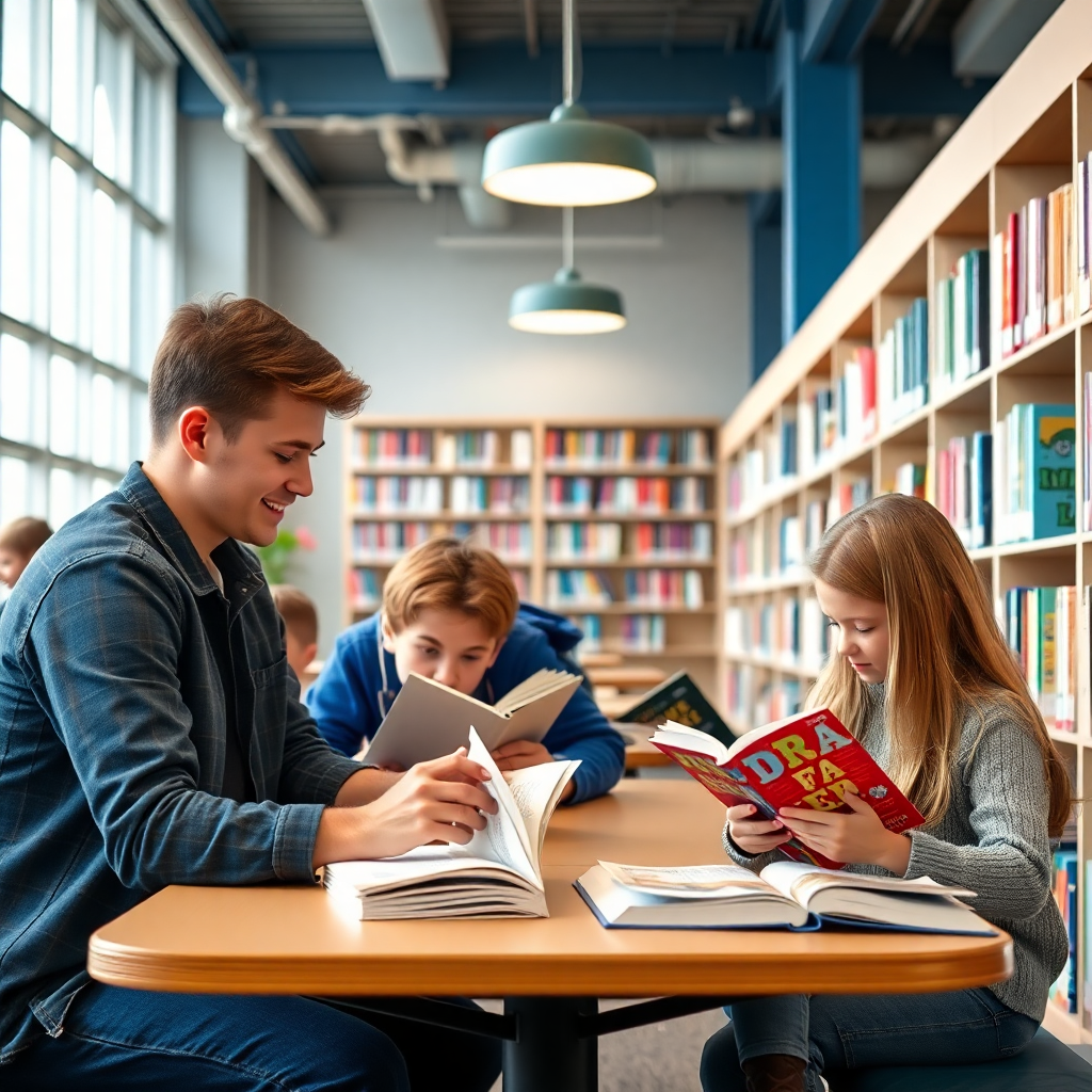 modern school library with students reading books